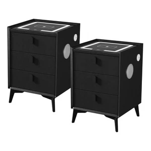 Oikiture Set of 2 Smart Bedside Tables Wireless Charging LED Lights 3 Drawers Bl - Picture 1 of 10