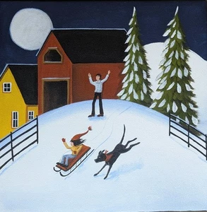 Original Folk Art Primitive Painting D Criswell 10x10 Landscape Snow Sled Dog  - Picture 1 of 5