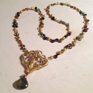 18k Art Nouveau Flower and Tourmaline Necklace and Earrings Set by Andrea SAVAR - Picture 1 of 5