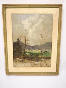 Dipinto olio su tavoletta, paesaggio in cornice laccata e dorata - Foto 1 di 5