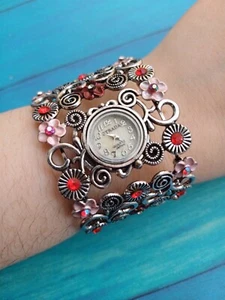 New Fully Working Strada Quartz Floral Enamle Gem Cuff Bracelet Watch - Picture 1 of 12