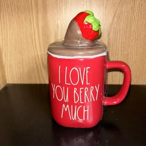 RAE DUNN Valentines Day LL "I LOVE YOU BERRY MUCH" Red Mug Strawberry Topper - Picture 1 of 8