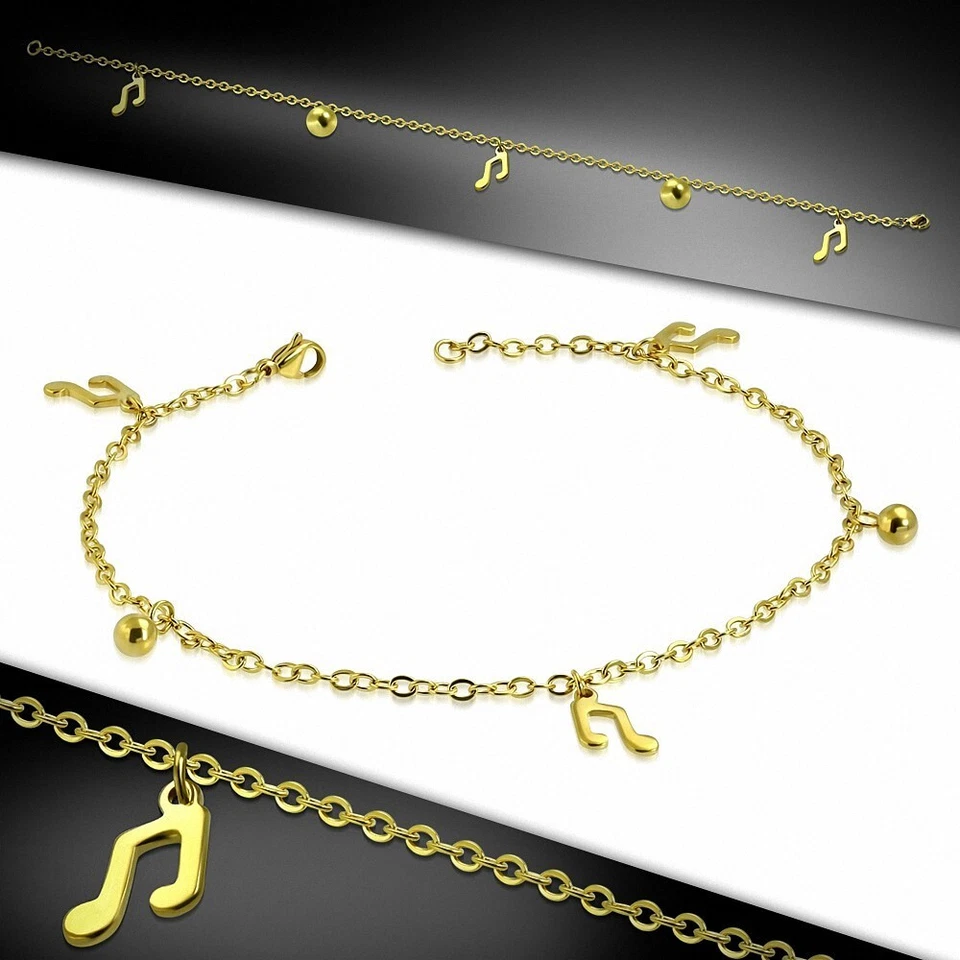 Braccialetto Caviglia Doppio Note Di Musica Fermaglio A Moschettone Acciaio Inox - Immagine 1 di 1