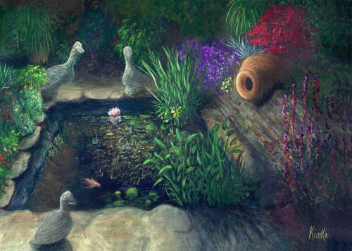 PRINT A4 van origineel schilderij  POND vijver, tuin, vis