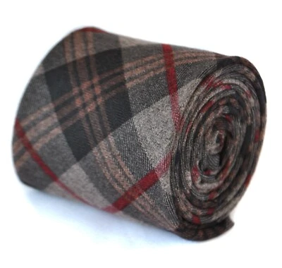 Frederick Thomas Designer Herren Brown und Rot 100% Wolle Tweed Kariert Krawatte