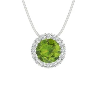 1.30 Round Halo Natural Peridot Pendant Necklace 18" chain Solid 14k White Gold - Picture 1 of 11