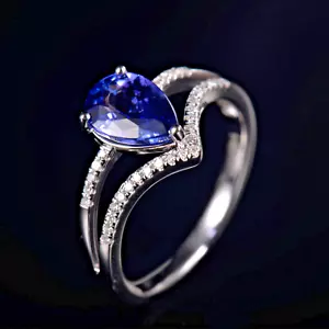 Natural Diamond Blue Pear Tanzanite Engagement Women Ring Solid 14K White Gold - Picture 1 of 7
