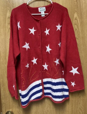 Quacker Factory red white blue patriotic button up cardigan sweater 1X 16 18 - Image 1 of 4