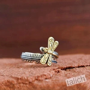 925 Sterling Silver Feather Wrap Ring with Brass Dragonfly Adjustable Unique - Picture 1 of 8