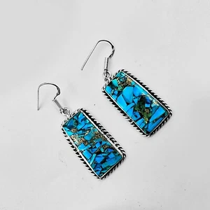 Oyster Copper Turquoise Gemstone 925 Sterling Silver Earring Handmade 1 1/4" - Picture 1 of 4
