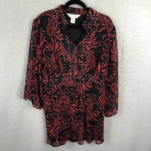 New York City Design Top Womens 3X Plus Size Red Black Whimsigoth Sparkle Flowy - Picture 1 of 20