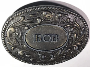 Vintage 1977 "BOB" Western Style Ornate Oval Brass Belt Buckle The Kinney Co - Picture 1 of 22