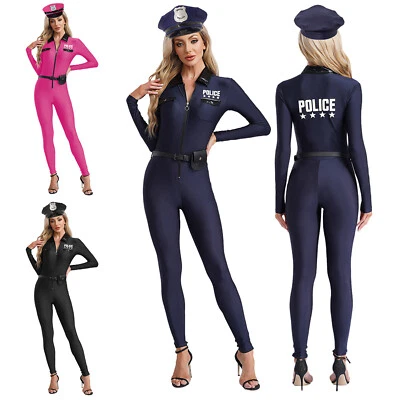 TIAOBUG DE Damen Polizistin Kostüm Sexy Polizei Uniform Langarm Body mit Hut Halloween