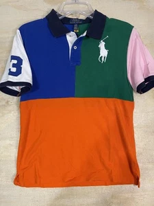 Polo Ralph Lauren Shirt Youth Large Colorblock Blue Green Orange Big Pony Rugby - Picture 1 of 6