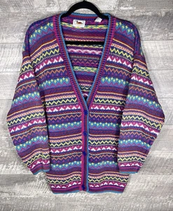 VTG Rainbow Multi Knit Funky Striped Button Cardigan Sweater Size M P Lagenlook - Picture 1 of 24