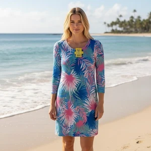Banana Boat UPF 50 V Neck Shirt Dress Tropical Palm Print Blue Pink Size S - Picture 1 of 14