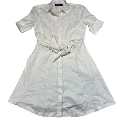 Ralph Lauren Black Label 4 Petite Linen Dress Button Down Front Tie White N2 - Image 1 of 4