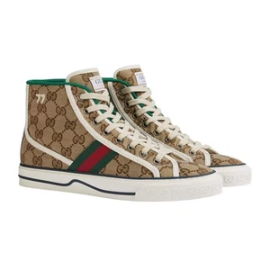 Authentic Men's Gucci Beige Canvas Tennis 1977 GG High Top Sneakers 625807 New - Picture 1 of 7