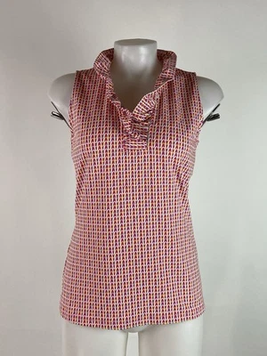 Top sin mangas J McLaughlin talla pequeña tela Catalina rosa azul cuello con volantes Foto 1 de 4