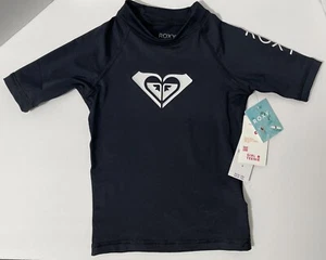 NWT Roxy Girl Size 4 Black White Whole Hearted Short Sleeve Rash Guard Shirt - Picture 1 of 9
