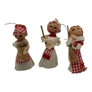 3 Vintage Christmas Ornaments Girls Cleaning W/ Red Gingham Aprons & Scarfs 4.5” - Picture 1 of 11