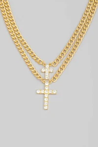 Womens Rhinestone Cross Pendant Layered Chain Fashion Statement Necklace - Picture 1 of 8