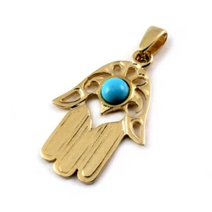 Colgante Hamsa Turquesa en Oro Amarillo Sólido 14k Mano De Fátima Joyería Judía - Imagen 1 de 10