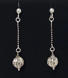 Sterling Silver Dangle Ball Chain Earrings Diamond Etched Drop Post Italy M mark - Picture 1 of 11
