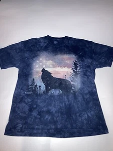 Men's The Mountain Wolf American Flag Blue Tie Dye Graphic Print Shirt Size XL - Picture 1 of 6