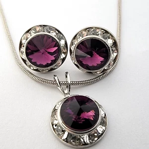 European Crystal Round Amethyst Simulated Diamond Silver Tone Earrings, Necklace - Picture 1 of 10