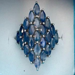 Lovely Marquise Cut Natural Blue Sapphire Cluster 925 Sterling Silver Ring UK N - Picture 1 of 11