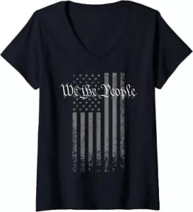Womens WE THE PEOPLE, US Flag, Vintage Grunge 4th Of July 1776 V-Neck T-Shirt - Picture 1 of 5