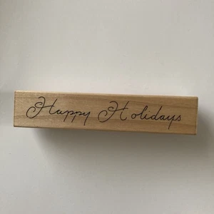 JRL Design Co Happy Holidays Greetings Script Wood Rubber Stamp - Bild 1 von 3