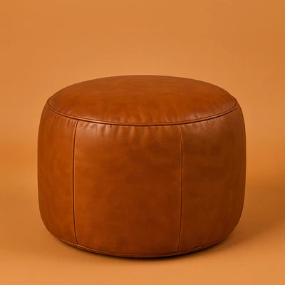 Ottoman Leather Pouf – Handcrafted Genuine Leather Footstool, Moroccan Round - Image 1 of 4