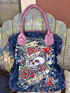Ed Hardy Y2K Tattoo Purse Skull & Rose Design Love is Forever Metallic Purple - Picture 1 of 12
