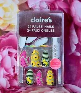 NEW Claire's Fake False 24 Nails Stiletto Long Fruit Lemon Tropical Neon Pink - Picture 1 of 1