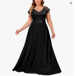 Miusol Plus Cap Sleeve Floral Lace Ruffle Elegant Bridesmaid Dress (Black, 4XL) - Picture 1 of 4