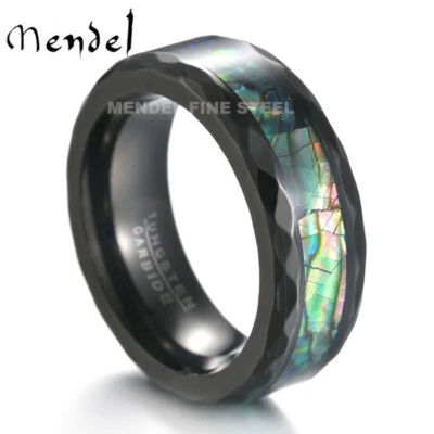 Anillo MENDEL Para Hombres Negro Carburo de Tungsteno Abulón Concha Marina Talla 7 8 9 10-15 Foto 1 de 4