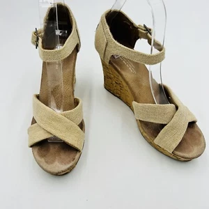 TOMS Natural Linen Tan Cork 4" Wedge Strappy Sandal Shoe Size 7.5 - Picture 1 of 7