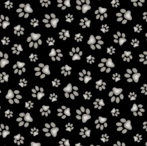 Animal Fabric - Small Gray Paw Print on Black - Elizabeth's Studio YARD - Picture 1 of 1