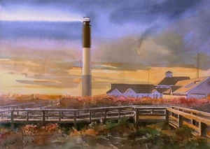 Oak Island Lighthouse Sunset, Caswell Beach, NC. James Mann Watercolor Prints - Picture 1 of 2