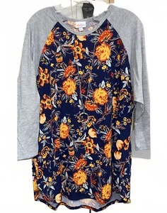 NEW LuLaRoe 3XL Navy Blue Orange Floral Body Gray Sleeves Randy Baseball Tee - Picture 1 of 9