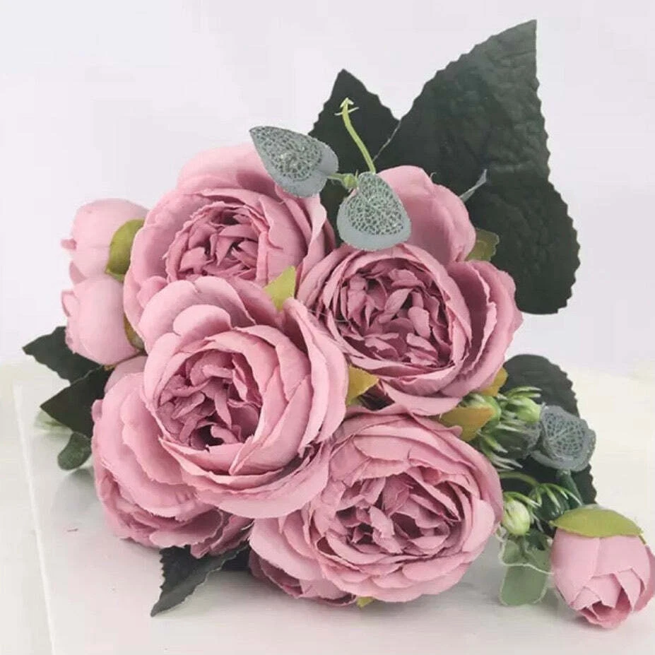 Artificial Silk Peony Blossom Mix Flower Bouquet Bunch - Dark Pink - Image 1 of 1