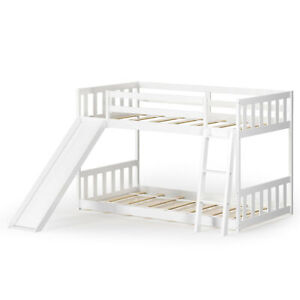Twin over Twin Bunk Wooden Low Bed with Slide Ladder for Kids White
