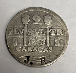 Venezuela Caracas 1819 Plata 2 Reales Fernando VII Plata Dañada - Imagen 1 de 6