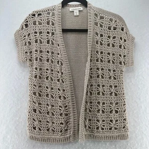 Coldwater Creek Cardigan XS 4-6 Windowpane Crochet Open Front Short Sleeve Beige - Picture 1 of 11
