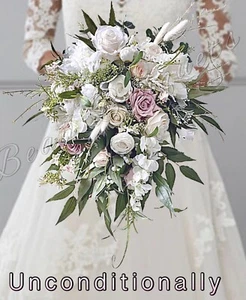 Teardrop bridal bouquet in dusty pink blush & ivory with roses peony & grasses - Picture 1 of 3