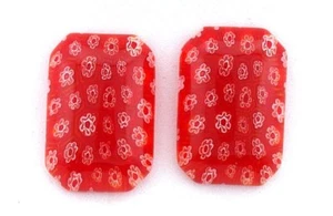 TWO 26MM x 17.5MM RED ORANGE WHITE FLOWER MILLEFIORI GLASS CABOCHON MC15 - Picture 1 of 1