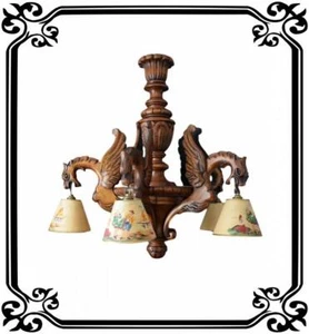 French Gothic Hand Carved Wood Large Chandelier -  Griffin Dragon 5 lights - Picture 1 of 11