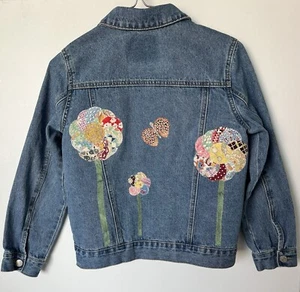 Reworked Levi Strauss Denim Jacket Girls M Upcycled Appliqué Flowers Butterfly - Picture 1 of 11